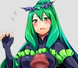 Rule 34 | 10s, 1girl, bad end march, bad end precure, bad id, bad pixiv id, black bodysuit, blurry, blush, bodysuit, dark persona, fingerless gloves, gloves, green eyes, green hair, green nails, grey background, long hair, looking at penis, matching hair/eyes, nail polish, neziiro, penis, precure, simple background, smile precure!, solo focus, sweat, tiara