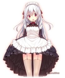 Rule 34 | 1girl, apron, artist name, black dress, clothes lift, dress, dress lift, garter straps, lifted by self, long hair, looking at viewer, maid, maid headdress, open mouth, original, red eyes, silver hair, simple background, smile, solo, thighhighs, thighs, usume shirou, white apron, white background, white thighhighs, zettai ryouiki