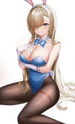 Rule 34 | 1girl, absurdres, animal ears, asuna (blue archive), asuna (bunny) (blue archive), blonde hair, blue archive, blue bow, blue bowtie, blue eyes, blue hair, blue leotard, blush, bow, bowtie, breast hold, breasts, brown pantyhose, cleavage, detached collar, fake animal ears, fake tail, gloves, grin, hair between eyes, hair over one eye, hand on own chest, highres, large breasts, leotard, long hair, pantyhose, playboy bunny, rabbit ears, rabbit tail, simple background, siru, sitting, smile, solo, tail, thighband pantyhose, white background, white gloves