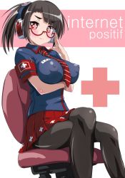 Rule 34 | 1girl, adjusting eyewear, armband, black hair, black pantyhose, blunt bangs, blush, breast hold, breasts, chair, collared shirt, covered erect nipples, cross, crossed legs, denji saboten, female focus, from side, glasses, headphones, high ponytail, impossible clothes, indonesian text, internet positif, ipo-chan, large breasts, light smile, looking at viewer, miniskirt, name tag, necktie, office chair, pantyhose, personification, pleated skirt, ponytail, puffy nipples, red-framed eyewear, red cross, red eyes, red skirt, safety pin, semi-rimless eyewear, shirt, short sleeves, side ponytail, skirt, smile, solo, striped necktie, striped neckwear, swivel chair, symbol-shaped pupils, under-rim eyewear, white background