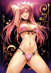 Rule 34 | 1girl, absurdres, bare shoulders, bra, breasts, brown eyes, choker, fate/grand order, fate (series), hair ornament, hand on own ass, hand up, highres, long hair, looking at viewer, mashuu (neko no oyashiro), medb (fate), medb (swimsuit saber) (second ascension) (fate), medium breasts, navel, open mouth, panties, pink hair, scan, simple background, smile, solo, stomach, twintails, underwear, underwear only
