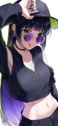 Rule 34 | 1girl, absurdres, black hair, bocchi the rock!, breasts, collar, ear piercing, earrings, forked tongue, glasses, green eyes, hat, heart, highres, jewelry, looking at viewer, medium breasts, navel, pa-san, piercing, seisyuntarotto, solo, tongue, white background
