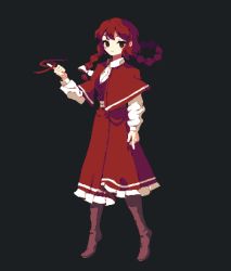 Rule 34 | 1girl, 4qw5, braid, capelet, closed mouth, commentary, english commentary, full body, highres, long sleeves, looking at viewer, okazaki yumemi, pixel art, red capelet, red eyes, red hair, red skirt, side braids, skirt, solo, touhou, touhou (pc-98), twin braids