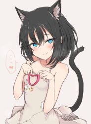 Rule 34 | ..., 1girl, animal ear fluff, animal ears, bare arms, bare shoulders, black hair, blush, cat ears, cat girl, cat tail, choker, collarbone, commentary request, dress, extra ears, hair between eyes, heart, heart choker, highres, kemonomimi mode, layla (mino), looking at viewer, medium hair, nonono (mino), original, patch, pink choker, ringed eyes, simple background, sleeveless, sleeveless dress, smile, solo, spoken ellipsis, spoken heart, tail