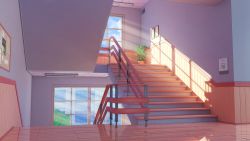 Rule 34 | 3d, absurdres, building, ceiling light, commentary, dmitry kuznetsov, english commentary, highres, indoors, no humans, original, railing, reflection, scenery, school, shadow, stairs, summer, tree, whiteboard, window