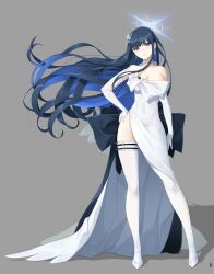 Rule 34 | 1girl, absurdres, bare shoulders, black hair, blue archive, blue eyes, blue hair, breasts, choker, cleavage, colored inner hair, dress, elbow gloves, full body, gloves, hair ornament, halo, highres, koflif, large breasts, long hair, looking at viewer, multicolored hair, official alternate costume, saori (blue archive), saori (dress) (blue archive), solo, thighhighs, white dress, white gloves