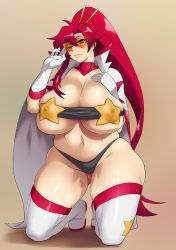 Rule 34 | bandeau, boots, breasts, cape, cleavage, fat, glasses, gloves, highres, huge breasts, kneeling, one eye closed, ponytail, red hair, sagging breasts, smile, solo, space yoko, strapless, tattoo, tengen toppa gurren lagann, tetrodotoxin, thigh boots, thighhighs, thighs, tube top, wide hips, wink, yellow eyes, yoko littner