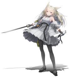 Rule 34 | 1girl, animal ears, arknights, arknights: endfield, bare shoulders, black footwear, black gloves, black pantyhose, blonde hair, blue eyes, breasts, dress, female focus, full body, gloves, grey dress, grey jacket, highres, holding, holding sword, holding weapon, hoshi umi, jacket, long hair, long sleeves, medium breasts, open clothes, open jacket, pantyhose, parted lips, perlica (arknights), pleated dress, pouch, sheath, simple background, solo, standing, sword, thigh pouch, thigh strap, unsheathed, weapon, white background