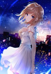 Rule 34 | 1girl, blue eyes, blue ribbon, blurry, blush, braid, branch, brown hair, city, cityscape, closed mouth, depth of field, dress, from side, hair ribbon, half updo, hand on own chest, hand up, highres, holding, holding branch, light particles, looking at viewer, myusha, night, night sky, original, outdoors, ribbon, sidelocks, sky, smile, solo, sparkle, star (sky), starry sky, sundress