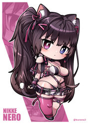 Rule 34 | 1girl, animal ears, asymmetrical legwear, bare shoulders, bikini, black bikini, black gloves, black nails, blue eyes, blush, breasts, brown hair, cat ears, cat girl, cat tail, character name, chest harness, chibi, cleavage, copyright name, detached collar, fingerless gloves, frown, gloves, goddess of victory: nikke, hair ornament, harness, heterochromia, kurono, large breasts, long hair, looking at viewer, microskirt, mismatched legwear, multicolored bikini, multicolored clothes, nail polish, nero (nikke), pink eyes, pink thighhighs, pouch, ribbon, single thighhigh, skirt, solo, string bikini, swimsuit, tail, thighhighs, twintails, twitter username, two-tone bikini, white bikini, zoom layer