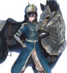 Rule 34 | 1girl, absurdres, alternate costume, andou (girls und panzer), armored animal, black footwear, black hair, blue coat, blue headwear, boots, brown eyes, coat, commentary, dark-skinned female, dark skin, gauntlets, girls und panzer, gloves, grey gloves, grin, hand on own hip, high collar, highres, horse, knee boots, kshimu, looking at viewer, medium hair, messy hair, military, military uniform, pants, simple background, smile, solo, standing, uniform, white background, white pants