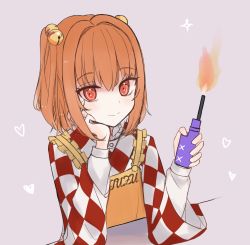 Rule 34 | 1girl, apron, bell, character name, checkered clothes, checkered kimono, checkered shirt, clothes writing, fire, hair bell, hair ornament, heart, highres, japanese clothes, jingle bell, kimono, motoori kosuzu, orange hair, red eyes, ririo (mitsumatario), romaji text, shirt, short hair, simple background, touhou, twintails, two side up, wide sleeves, yellow apron