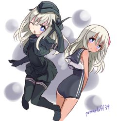 Rule 34 | 10s, 2girls, ;o, artist name, blue eyes, commentary request, dual persona, expressionless, garrison cap, hat, jacket, kantai collection, looking at viewer, looking back, multiple girls, one-hour drawing challenge, one-piece swimsuit, one eye closed, open clothes, open jacket, personality switch, ro-500 (kancolle), salute, school swimsuit, shipii (jigglypuff), simple background, swimsuit, swimsuit under clothes, tan, tanline, twitter username, u-511 (kancolle), white background