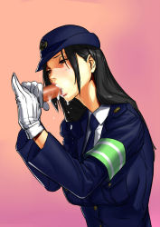 Rule 34 | 1girl, black hair, breasts, brown eyes, censored, cum, cum in mouth, delta zone, disembodied penis, fellatio, gloves, gradient background, half-closed eyes, hat, highres, lips, long hair, looking away, medium breasts, mosaic censoring, oral, original, penis, police, police uniform, policewoman, red lips, saliva, simple background, solo focus, uniform, upper body, white gloves