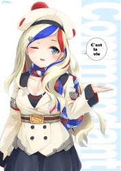 Rule 34 | 10s, 1girl, anchor hair ornament, belt, beret, blonde hair, blue eyes, blue hair, commandant teste (kancolle), commentary request, france, french text, hair ornament, hat, jacket, kantai collection, long hair, multicolored hair, natsunoyuu, one eye closed, pom pom (clothes), red hair, scarf, solo, streaked hair, swept bangs, translated, white hair