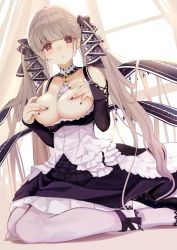 Rule 34 | 1girl, amacha, azur lane, bare shoulders, between breasts, black dress, black footwear, blush, breasts, breasts out, cleavage, covering breasts, covering nipples, covering privates, day, dress, earrings, flight deck, formidable (azur lane), frilled dress, frills, grey hair, hair ribbon, high heels, highres, indoors, jewelry, large breasts, long hair, long sleeves, looking at viewer, nail polish, pantyhose, red eyes, ribbon, rigging, sitting, solo, twintails, two-tone dress, two-tone ribbon, very long hair, wariza, white pantyhose, window