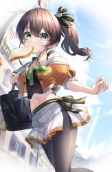 Rule 34 | 1girl, ahoge, bag, bare shoulders, bird, black bow, black camisole, black pantyhose, blue sky, blush, bow, bread, bread slice, brown hair, building, camisole, cat hair ornament, cloud, collarbone, commentary, crop top, cropped jacket, day, food, food in mouth, from below, green bow, green eyes, green ribbon, hair between eyes, hair bow, hair ornament, halterneck, head tilt, highres, holding strap, hololive, jacket, looking at viewer, medium hair, midriff, natsuiro matsuri, natsuiro matsuri (1st costume), navel, neck ribbon, off-shoulder jacket, off shoulder, open clothes, open jacket, orange jacket, outdoors, pantyhose, pleated skirt, ribbon, short sleeves, shoulder bag, side ponytail, side slit, sidelocks, skirt, sky, solo, spaghetti strap, standing, stomach, sword, toast, tsurupy, virtual youtuber, weapon, white skirt, window