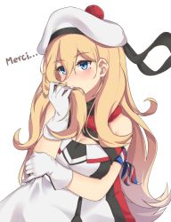Rule 34 | armband, belt, beret, blonde hair, blue eyes, blush, breasts, cleavage, commentary, dress, gloves, hair between eyes, hat, kantai collection, long hair, mole, mole under eye, multicolored clothes, multicolored dress, multicolored gloves, multicolored scarf, pom pom (clothes), richelieu (kancolle), scarf, solo, strapless, strapless dress, tiasis, white background, white hat