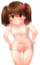 Rule 34 | 10s, 1girl, absurdres, bad id, bad nicoseiga id, bikini, blush, boruhis, breasts, brown eyes, brown hair, covered erect nipples, gluteal fold, hands on own hips, highres, kantai collection, leaning forward, looking at viewer, micro bikini, navel, pussy, pussy peek, ryuujou (kancolle), side-tie bikini bottom, simple background, small breasts, solo, swimsuit, twintails, white background, white bikini