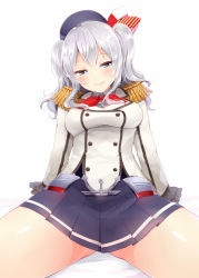Rule 34 | 10s, 1girl, arm support, beret, blush, breasts, buttons, cowboy shot, employee uniform, epaulettes, foreshortening, grey eyes, hat, jacket, kantai collection, kashima (kancolle), long sleeves, looking at viewer, miniskirt, natsu (natume0504), pleated skirt, silver hair, simple background, sitting, skirt, smile, solo, spread legs, twintails, uniform, wavy hair, white background