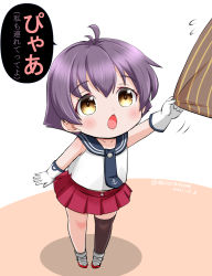Rule 34 | 1girl, 1other, black necktie, black sailor collar, chibi, clothes tug, commentary request, kantai collection, masara (chuujou), necktie, pleated skirt, purple eyes, purple hair, red skirt, sailor collar, sakawa (kancolle), shirt, short hair, skirt, sleeveless, sleeveless shirt, solo, standing, translation request