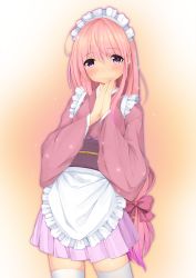 Rule 34 | 1girl, gabao., highres, long hair, looking at viewer, maid, original, own hands together, pink hair, smile, solo, thighhighs, white thighhighs