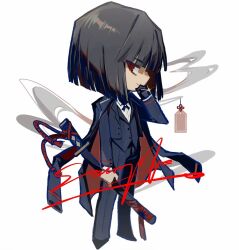 Rule 34 | 1girl, black coat, black hair, butler, chibi, cigarette, closed mouth, coat, coat on shoulders, cropped jacket, female butler, formal, full body, g7cdpdto2i6hot6, hand up, limbus company, looking at viewer, ootachi, project moon, red eyes, ryoshu (project moon), sample watermark, short hair, simple background, smile, smoke, smoking, solo, sparkle, suit, talisman, watermark, white background