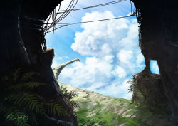 Rule 34 | above clouds, bad id, bad pixiv id, blue sky, cable, cloud, cloudy sky, commentary request, day, grass, hachiya shohei, highres, no humans, original, outdoors, path, power lines, road, scenery, shadow, sky