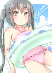 Rule 34 | 1girl, bad id, bad pixiv id, black hair, blush, brown eyes, casual one-piece swimsuit, chm (macharge), female focus, frilled swimsuit, frills, halterneck, innertube, k-on!, long hair, nakano azusa, one-piece swimsuit, paw print, pink one-piece swimsuit, sky, smile, solo, swim ring, swimsuit, twintails