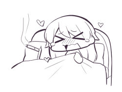 Rule 34 | &gt; &lt;, 1girl, bad id, bad pixiv id, bed, bed sheet, blush, chibi, cigarette, closed eyes, greyscale, hair between eyes, heart, idolmaster, idolmaster cinderella girls, long hair, monochrome, morikubo nono, naked sheet, nose blush, open mouth, pillow, ruined for marriage, simple background, smoke, smoking, solo, stylus, tears, uccow, under covers, wavy mouth, white background