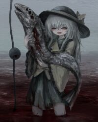 Rule 34 | 1girl, animal, black hat, blood, blood on clothes, bow, closed eyes, fish, frills, green skirt, grey hair, hair between eyes, hat, hat bow, highres, holding, holding animal, holding fish, komeiji koishi, long hair, long sleeves, open mouth, reverinth, skirt, solo, standing, third eye, touhou, wading, water, wide sleeves, yellow bow
