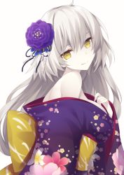 Rule 34 | blonde hair, breasts, fate/grand order, fate (series), flower, grey hair, hair between eyes, hair flower, hair ornament, highres, japanese clothes, jeanne d&#039;arc (fate), jeanne d&#039;arc alter (avenger) (fate), jeanne d&#039;arc alter (fate), kimono, large breasts, long hair, looking at viewer, miko (royal milk), off shoulder, open clothes, open kimono, solo, upper body, white background, yellow eyes