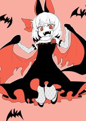 Rule 34 | 1girl, absurdres, animal ears, bare shoulders, bat (animal), bat ears, bat wings, black dress, dress, elbow gloves, fangs, flower, gloves, hair ribbon, highres, looking at viewer, monochrome, oninamako, open mouth, pink background, red eyes, red flower, red rose, remilia scarlet, ribbon, rose, short dress, short hair, simple background, smile, solo, strapless, strapless dress, touhou, unmoving pattern, wings
