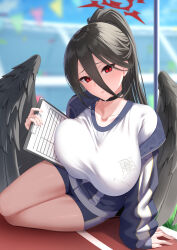 Rule 34 | 1girl, absurdres, black choker, black hair, black wings, blue archive, blue jacket, blue shorts, blue sky, blurry, blurry background, breast lift, breasts, choker, clipboard, day, feathered wings, gym shirt, gym shorts, gym uniform, hair between eyes, halo, hasumi (blue archive), hasumi (track) (blue archive), highres, iori (nanonamuco), jacket, large breasts, large wings, long hair, long sleeves, looking at viewer, low wings, mole, mole under eye, official alternate costume, open clothes, open jacket, parted lips, partially unzipped, pink nails, ponytail, red eyes, red halo, shirt, short shorts, shorts, sitting, sky, solo, stadium, sweat, sweatdrop, thighs, track and field, track jacket, white shirt, wings, yokozuwari, zipper