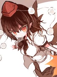 Rule 34 | bird wings, black hair, black wings, collared shirt, hand fan, hat, hauchiwa, holding, holding fan, leaf, leaf print, looking at viewer, maple leaf, open mouth, pom pom (clothes), red eyes, red hat, shameimaru aya, shirt, short hair, simple background, tokin hat, touhou, tsuzuku (hayamisyoto), white background, white shirt, wings