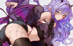 1girl ass asymmetrical_clothes black_nails black_pants black_shorts black_thighhighs blue_hair blush breasts closed_mouth commentary crop_top demon_girl demon_horns demon_tail demon_wings fishnet_pantyhose fishnet_top fishnets grey_eyes hair_between_eyes heterochromia highleg highleg_panties highres horns large_breasts long_hair looking_at_viewer nail_polish naokomama original panties pants pantyhose pointy_ears purple_panties shorts sidelocks simple_background single_pantsleg single_thighhigh smile solo tail thighhighs underwear white_background wings yellow_eyes