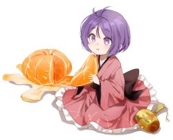 Rule 34 | 1girl, :t, closed mouth, commentary request, eating, food, fruit, holding, holding food, holding fruit, japanese clothes, kimono, long sleeves, looking at viewer, mandarin orange, mini person, miracle mallet, no headwear, pink kimono, purple eyes, purple hair, sarukana, seiza, short hair, simple background, sitting, solo, sukuna shinmyoumaru, touhou, white background, wide sleeves