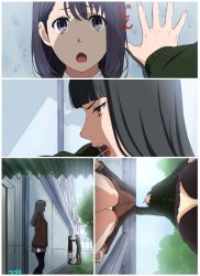 Rule 34 | 3girls, :o, absurdres, black hair, blazer, bowtie, candy, commentary request, food, food in mouth, from below, from side, futago ane (kakitama), futago imouto (kakitama), highres, jacket, jijo (kakitama), kabedon, kakitama, kneehighs, lollipop, long hair, mouth hold, multiple girls, open mouth, original, outdoors, panties, pantyshot, purple eyes, school, school uniform, shadow, socks, standing, striped bow, striped bowtie, striped clothes, sweatdrop, teeth, thighhighs, underwear
