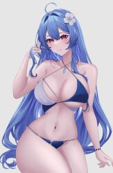 Rule 34 | 1girl, absurdres, azur lane, bare arms, bare shoulders, bikini, blue hair, breasts, commentary request, flower, grey background, groin, hair flower, hair intakes, hair ornament, hand up, helena (azur lane), helena (shimmering triangle wave) (azur lane), highres, large breasts, long hair, nanako94418108, navel, official alternate costume, purple eyes, revision, simple background, sitting, solo, stomach, swimsuit, thighs, very long hair, white flower