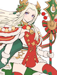 Rule 34 | 1girl, bell, cape, christmas, closed mouth, commentary, dress, edelgard von hresvelg, edelgard von hresvelg (snowfall future), fire emblem, fire emblem: three houses, fire emblem heroes, fur-trimmed cape, fur-trimmed dress, fur trim, gloves, gonzarez, highres, holding, holding polearm, holding weapon, holly, horns, jewelry, jingle bell, nintendo, official alternate costume, polearm, purple eyes, red dress, ribbon, solo, star (symbol), thighhighs, thighs, two-tone dress, weapon, white background, white dress, white gloves, white hair, zettai ryouiki