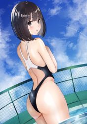 Rule 34 | 1girl, absurdres, ass, back, back cutout, black hair, blue sky, blunt bangs, blush, bob cut, chain-link fence, clothing cutout, cloud, competition swimsuit, cowboy shot, d:, day, dutch angle, fence, fisheye, from behind, hands up, highleg, highleg swimsuit, highres, huge filesize, looking at viewer, looking back, one-piece swimsuit, open mouth, original, outdoors, pool, sakura yuu (hzjy8485), shiny skin, short hair, sky, standing, swimsuit, wading, water