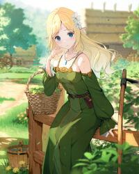 Rule 34 | 1girl, basket, blonde hair, blue eyes, blurry, blurry background, blurry foreground, breasts, bucket, closed mouth, copyright request, day, detached sleeves, dress, elf, flower, green sleeves, hair flower, hair ornament, hand up, hoe, jewelry, leaning forward, long hair, long sleeves, looking at viewer, necklace, outdoors, pointy ears, sitting, sleeveless, sleeveless dress, small breasts, solo, white flower, wooden bucket, yoshitake