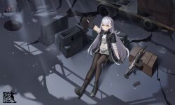 Rule 34 | 1girl, absurdres, ak-alfa, ak-alfa (girls&#039; frontline), assault rifle, black jacket, covered navel, dress, gan gan, girls&#039; frontline, girls&#039; frontline 2: exilium, gloves, gun, headgear, highres, incredibly absurdres, jacket, long hair, open clothes, open jacket, orange eyes, outstretched arm, pantyhose, partially fingerless gloves, reaching, rifle, see-through, see-through dress, sitting, weapon, white hair
