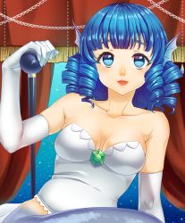 Rule 34 | 1girl, alternate costume, bare shoulders, blue eyes, blue hair, breasts, bustier, cleavage, drill hair, elbow gloves, female focus, fins, gloves, head fins, highres, lips, looking at viewer, matching hair/eyes, mermaid, monster girl, shirane koitsu, short hair, smile, solo, strapless, touhou, wakasagihime, white gloves