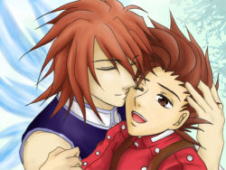 Rule 34 | 00s, age difference, brown eyes, brown hair, buttons, closed eyes, father and son, hug, kratos aurion, lloyd irving, lowres, open mouth, red hair, short hair, smile, tales of (series), tales of symphonia, wings, wink