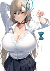 Rule 34 | 1girl, absurdres, arm up, asuna (blue archive), black choker, black skirt, blue archive, blue eyes, blue ribbon, blush, breasts, brown hair, choker, cleavage, collared shirt, commentary request, hair ornament, hair ribbon, halo, heart, heart-shaped pupils, highres, holding, huge breasts, long hair, long sleeves, looking at viewer, mole, mole on breast, namazu (yamasonson), parted lips, pleated skirt, ribbon, shirt, shirt tucked in, simple background, skirt, smile, solo, symbol-shaped pupils, white background, white shirt