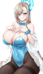 Rule 34 | 1girl, absurdres, asuna (blue archive), asuna (bunny) (blue archive), asymmetrical bangs, black pantyhose, blue archive, blue bow, blue bowtie, blue eyes, blue halo, blue leotard, blue nails, blue ribbon, blush, bow, bowtie, breasts, cleavage, commentary, covered navel, cowboy shot, detached collar, eyes visible through hair, hair between eyes, hair over one eye, hair ribbon, halo, hands on own chest, highleg, highleg leotard, highres, large breasts, leotard, light brown hair, long hair, looking at viewer, moiroowo, nail polish, off shoulder, official alternate costume, open clothes, open shirt, pantyhose, parted bangs, parted lips, playboy bunny, ribbon, scrunchie, shirt, simple background, sitting, smile, solo, strapless, strapless leotard, thighband pantyhose, very long hair, white background, white shirt, wrist scrunchie