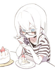 Rule 34 | 1girl, asutora, asutora-chan, black-framed eyewear, blue eyes, cake, commentary request, eating, food, glasses, hair between eyes, highres, medium hair, original, plate, shirt, simple background, solo, sparkling eyes, striped clothes, striped shirt, white background, white hair