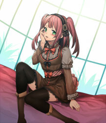 Rule 34 | 1girl, bad id, bad pixiv id, black thighhighs, blush, boots, bow, erubo, frills, green eyes, hand on own cheek, hand on own face, long sleeves, open mouth, original, puffy sleeves, red hair, sitting, solo, thighhighs, twintails, two side up
