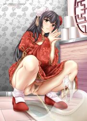 Rule 34 | 1girl, black hair, censored, china dress, chinese clothes, dress, female pubic hair, highres, mosaic censoring, peeing, pointless censoring, pubic hair, pussy, red footwear, squat toilet, squatting, tomoya kankurou